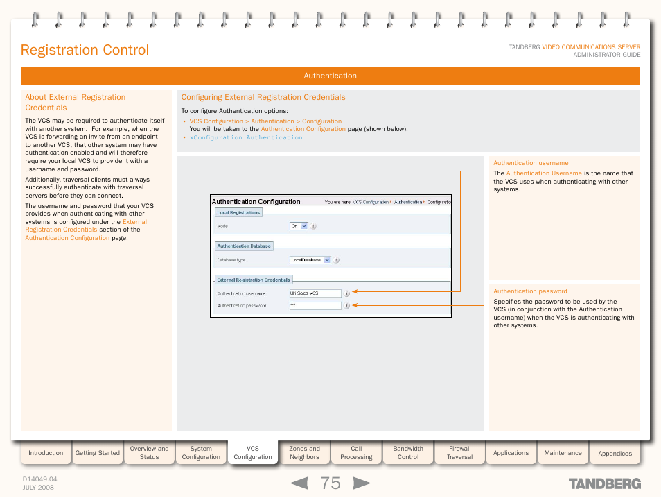 About external registration credentials, Configuring external registration credentials, Registration control | TANDBERG D14049.04 User Manual | Page 75 / 276