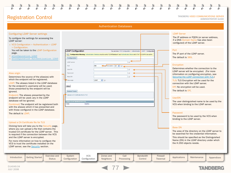 Configuring ldap server settings, Configure the ldap server, Registration control | TANDBERG D14049.04 User Manual | Page 77 / 276