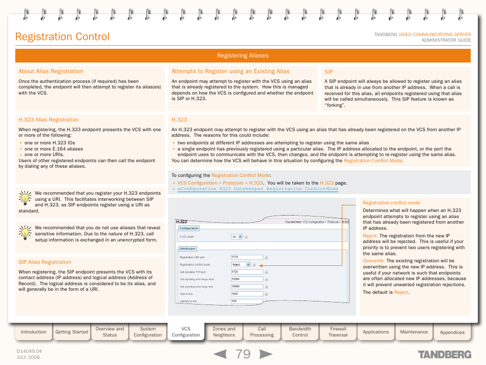 Registering aliases, About alias registration, H.323 alias registration | Sip alias registration, Attempts to register using an existing alias, H.323, H.323 alias registration sip alias registration, H.323 sip, Registration control | TANDBERG D14049.04 User Manual | Page 79 / 276