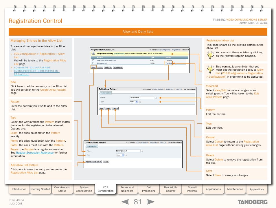 Managing entries in the allow list, Registration control | TANDBERG D14049.04 User Manual | Page 81 / 276