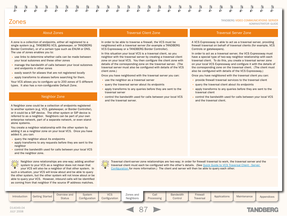 Zones, About zones, Neighbor zone | Traversal client zone, Traversal server zone, Create and configure external zone | TANDBERG D14049.04 User Manual | Page 87 / 276