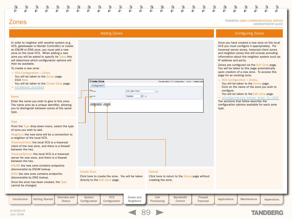 Adding zones, Configuring zones, Adding zones configuring zones | Zones | TANDBERG D14049.04 User Manual | Page 89 / 276