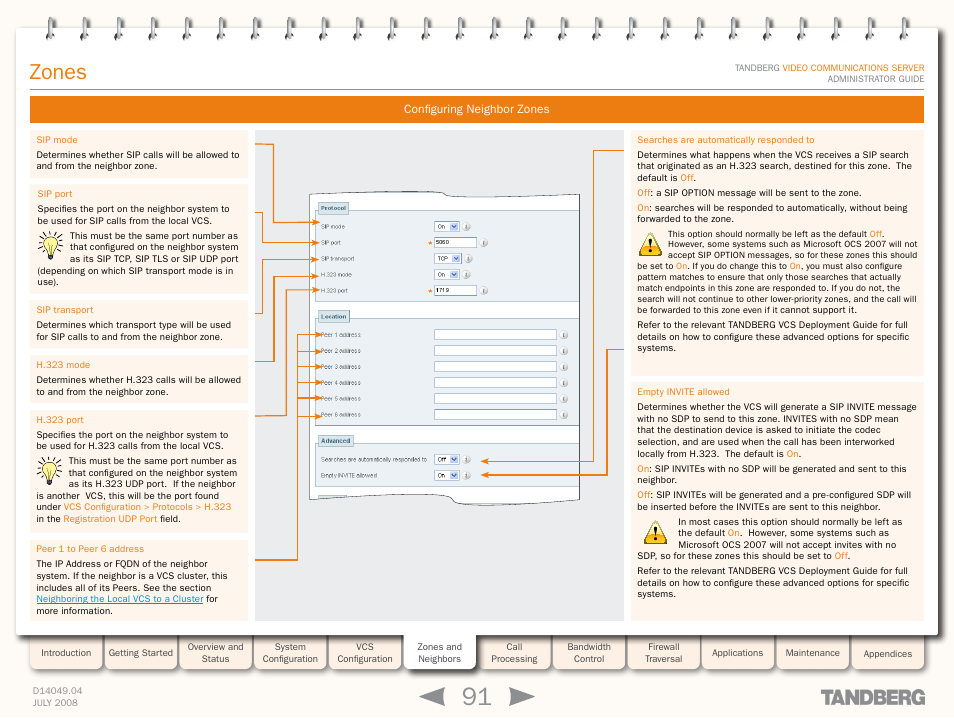 Configuring neighbor zones, Zones | TANDBERG D14049.04 User Manual | Page 91 / 276