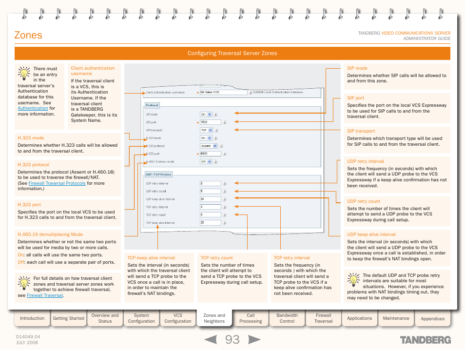 Configuring traversal server zones, Zones | TANDBERG D14049.04 User Manual | Page 93 / 276