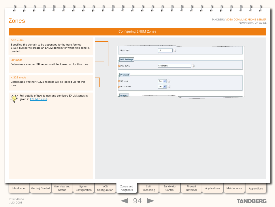 Configuring enum zones, Zones | TANDBERG D14049.04 User Manual | Page 94 / 276