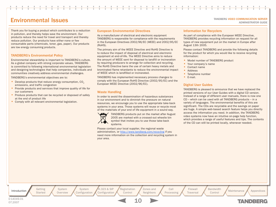 Environmental issues | TANDBERG D14049.01 User Manual | Page 10 / 187