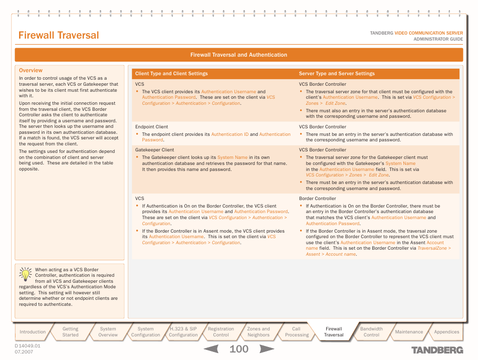 Firewall traversal and authentication, Overview, Client type and client settings | Server type and server settings, Firewall traversal | TANDBERG D14049.01 User Manual | Page 100 / 187