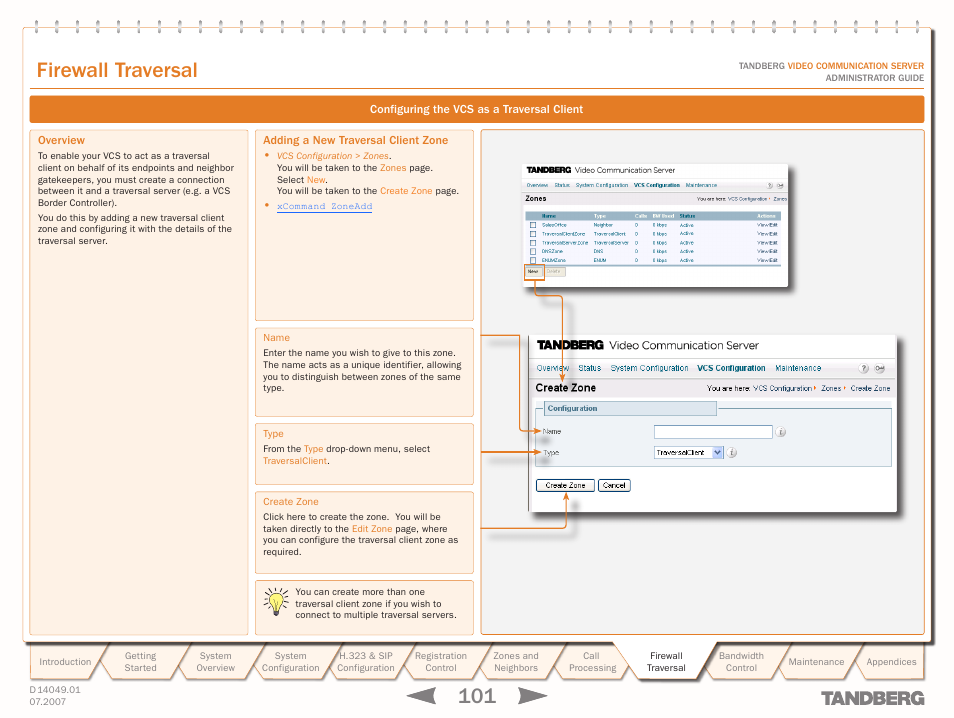Configuring the vcs as a traversal client, Overview, Adding a new traversal client zone | Overview adding a new traversal client zone, Configuring the, Vcs as a traversal client, Firewall traversal | TANDBERG D14049.01 User Manual | Page 101 / 187