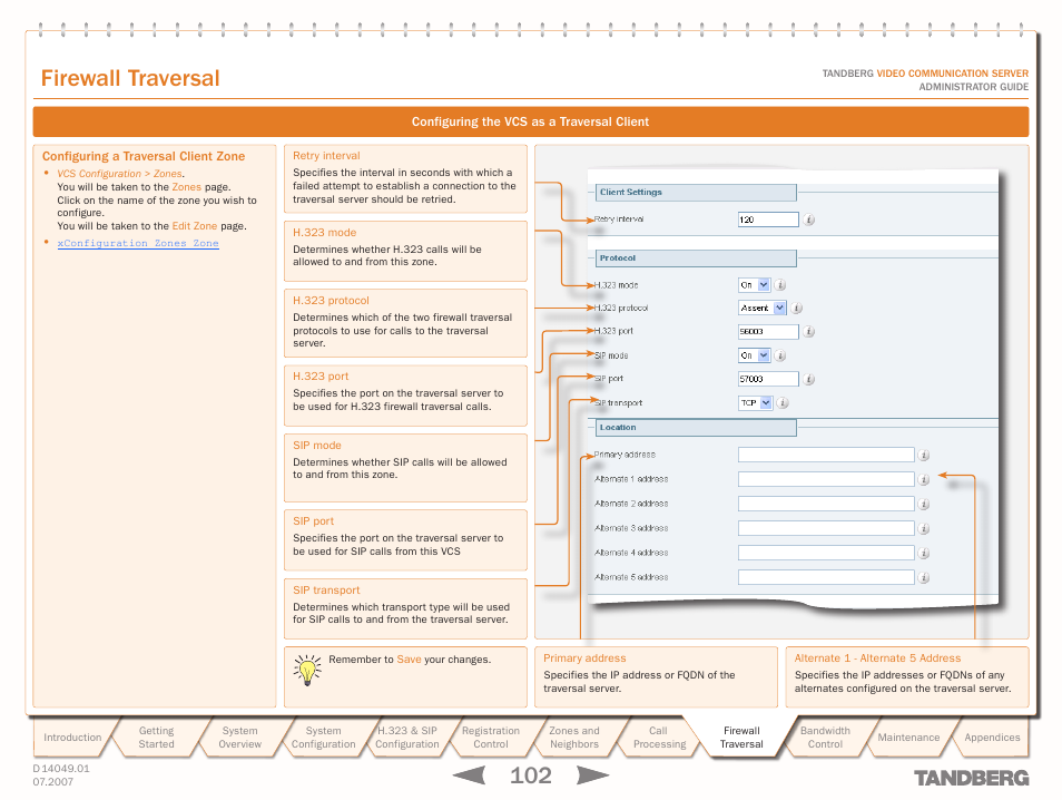 Configuring a traversal client zone, Firewall traversal | TANDBERG D14049.01 User Manual | Page 102 / 187