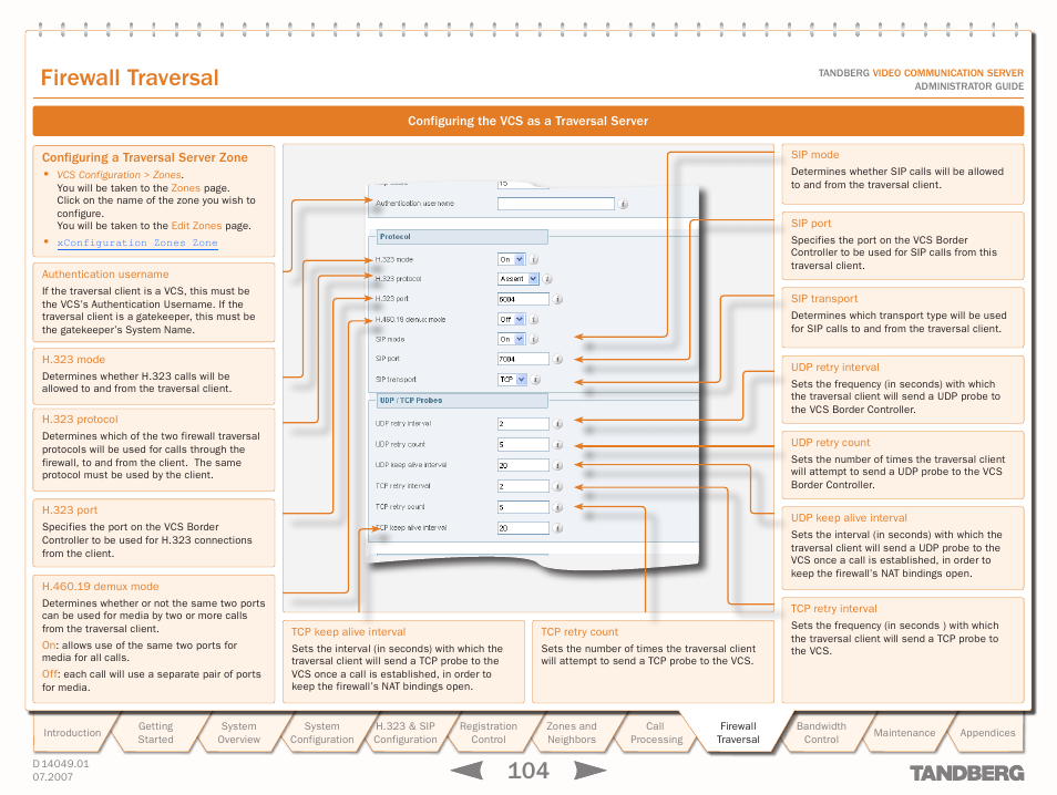 Configuring a traversal server zone, Firewall traversal | TANDBERG D14049.01 User Manual | Page 104 / 187