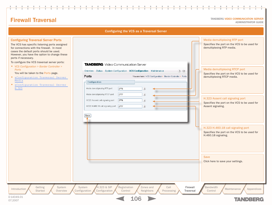 Configuring traversal server ports, Configuring traversal, Server ports | Firewall traversal | TANDBERG D14049.01 User Manual | Page 106 / 187