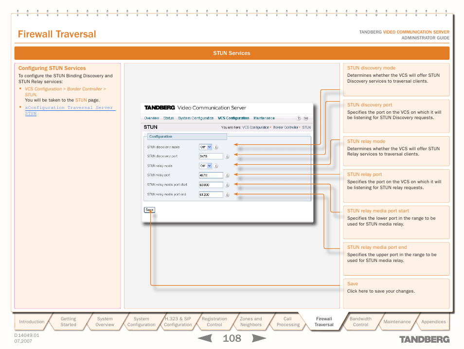 Configuring stun services, Firewall traversal | TANDBERG D14049.01 User Manual | Page 108 / 187