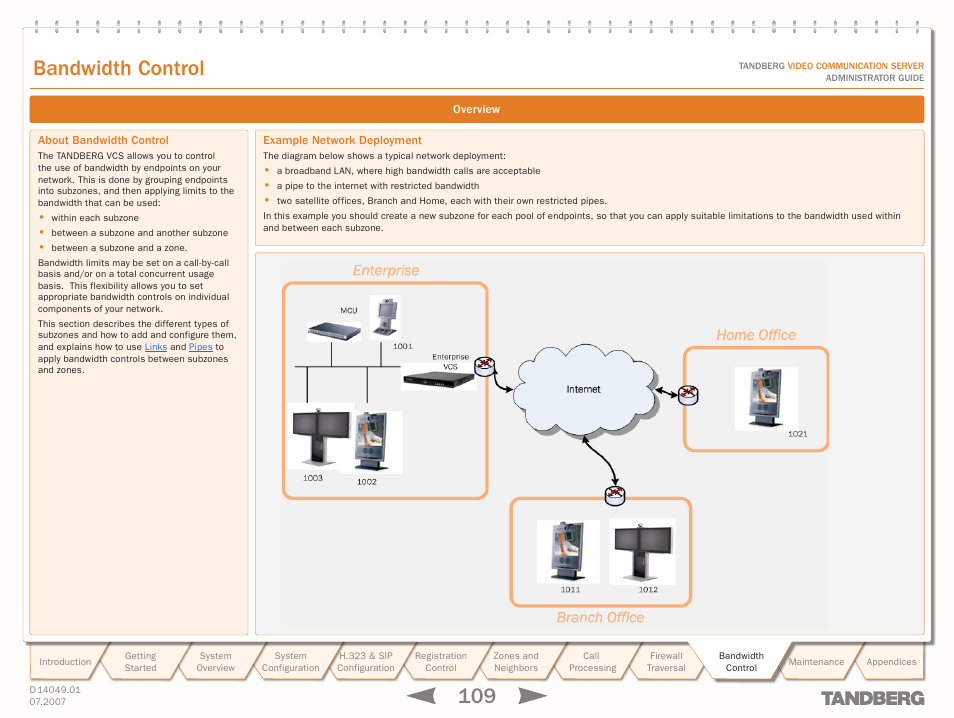 Bandwidth control, Overview, About bandwidth control | Example network deployment, Bandwidth, Control, About bandwidth control example network deployment | TANDBERG D14049.01 User Manual | Page 109 / 187