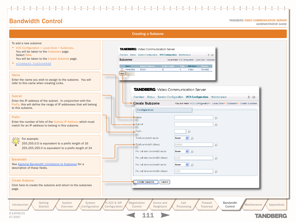 Creating a subzone, Bandwidth control | TANDBERG D14049.01 User Manual | Page 111 / 187