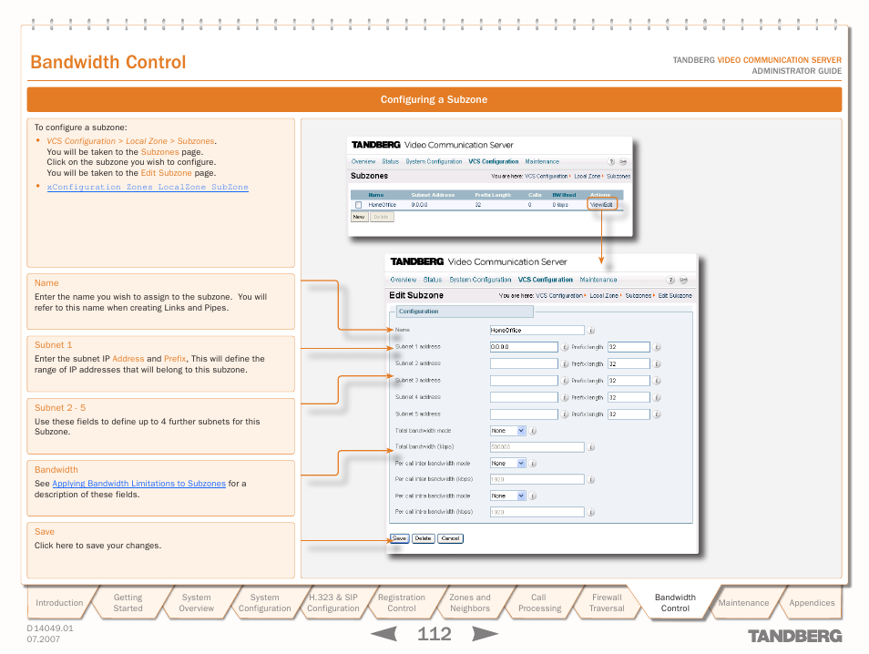 Configuring a subzone, Bandwidth control | TANDBERG D14049.01 User Manual | Page 112 / 187