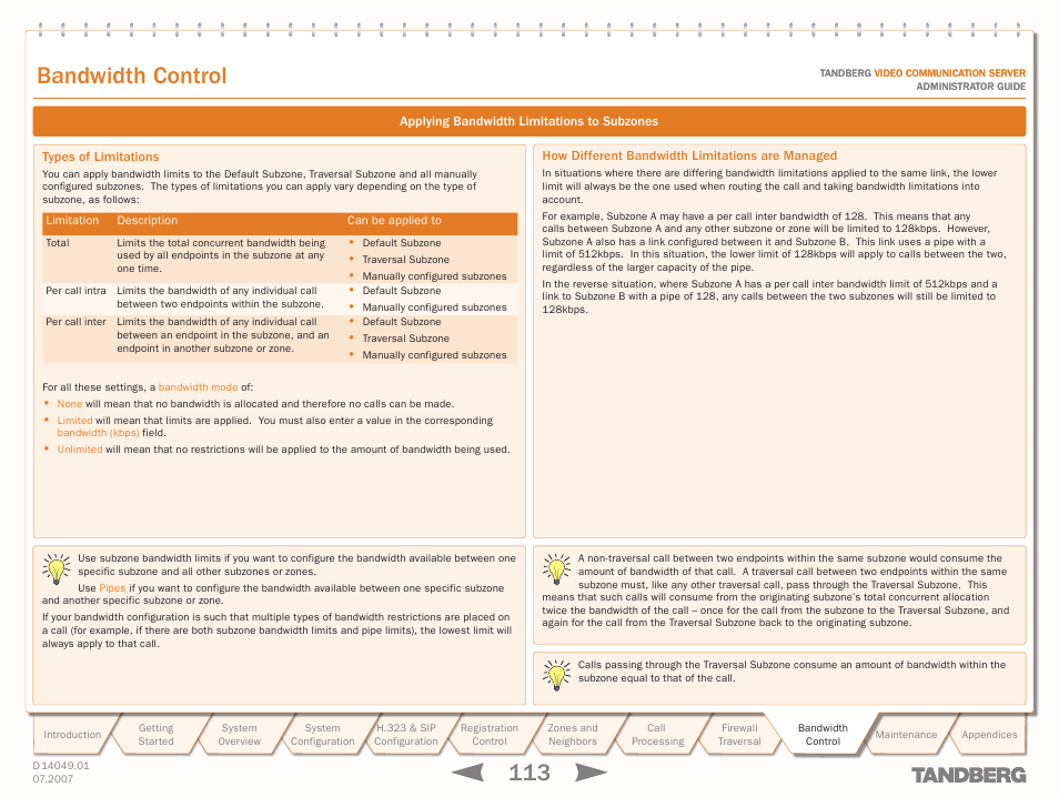 Applying bandwidth limitations to subzones, Types of limitations, How different bandwidth limitations are managed | Bandwidth control | TANDBERG D14049.01 User Manual | Page 113 / 187