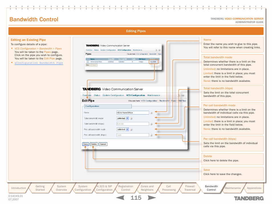 Editing pipes, Bandwidth control | TANDBERG D14049.01 User Manual | Page 115 / 187