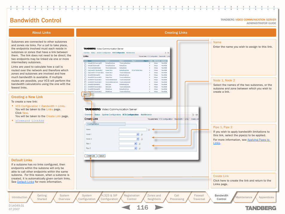 About links, Default links, Creating links | Links, Bandwidth control | TANDBERG D14049.01 User Manual | Page 116 / 187