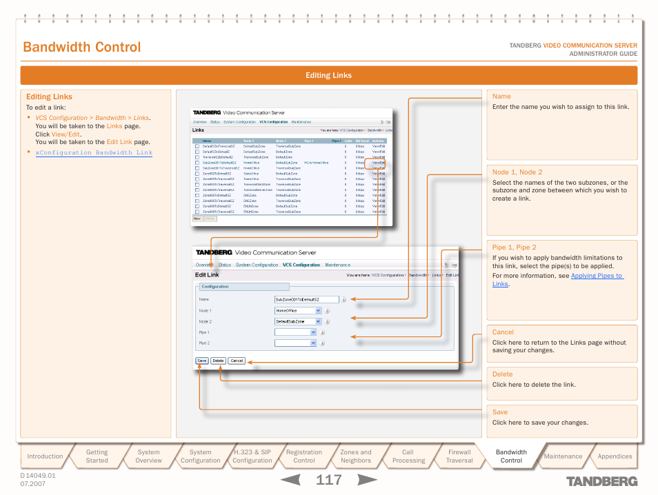 Editing links, Bandwidth control | TANDBERG D14049.01 User Manual | Page 117 / 187