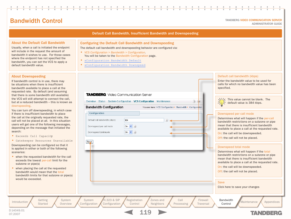 About the default call bandwidth, About downspeeding, Bandwidth control | TANDBERG D14049.01 User Manual | Page 119 / 187