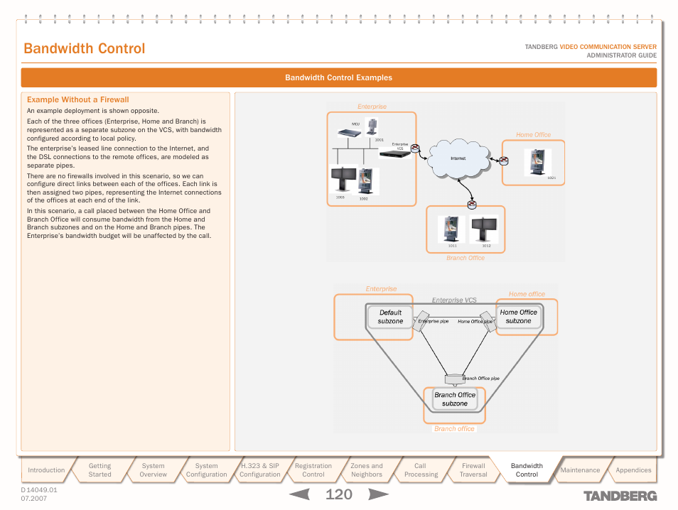 Bandwidth control examples, Example without a firewall, Bandwidth control | TANDBERG D14049.01 User Manual | Page 120 / 187