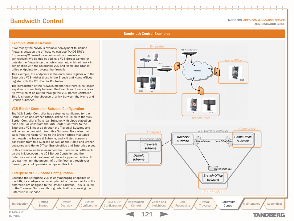 Example with a firewall, Vcs border controller subzone configuration, Enterprise vcs subzone configuration | Bandwidth control | TANDBERG D14049.01 User Manual | Page 121 / 187