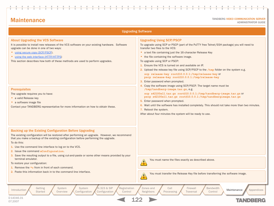 Maintenance, Upgrading software, About upgrading the vcs software | Prerequisites, Upgrading using scp/pscp, Text goes here | TANDBERG D14049.01 User Manual | Page 122 / 187
