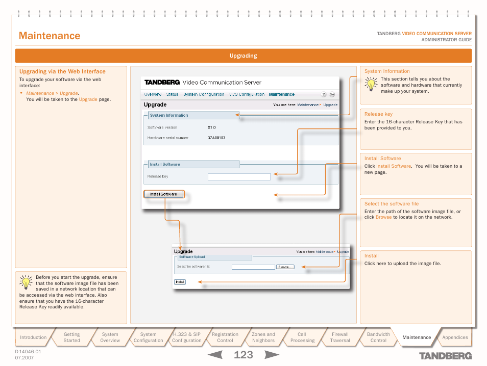 Upgrading via the web interface, Using the web interface (http/https, Text goes here | Maintenance | TANDBERG D14049.01 User Manual | Page 123 / 187