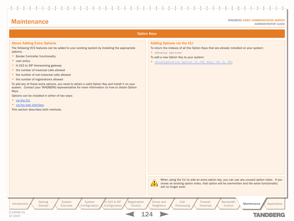 Option keys, About adding extra options, Adding options via the cli | Text goes here, Maintenance | TANDBERG D14049.01 User Manual | Page 124 / 187