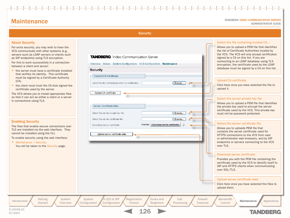 Security, About security, Enabling security | About security enabling security, Text goes here, Maintenance | TANDBERG D14049.01 User Manual | Page 126 / 187