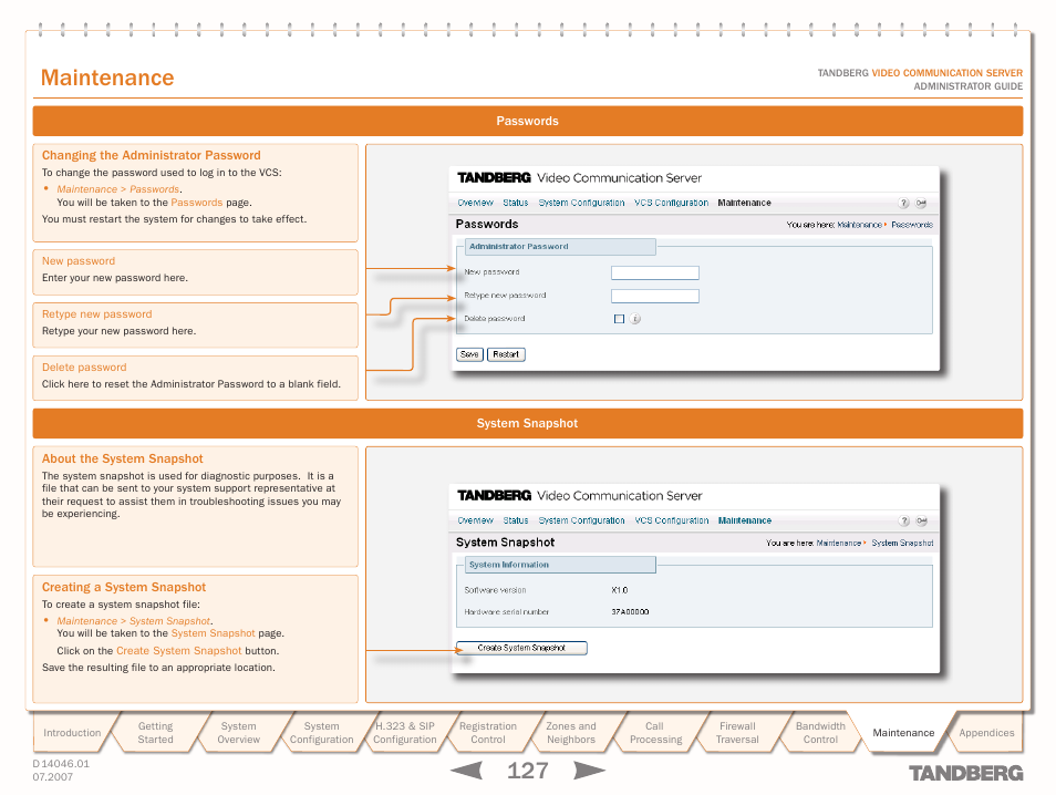 Passwords, Changing the administrator password, System snapshot | About the system snapshot, Creating a system snapshot, Text goes here, Maintenance | TANDBERG D14049.01 User Manual | Page 127 / 187