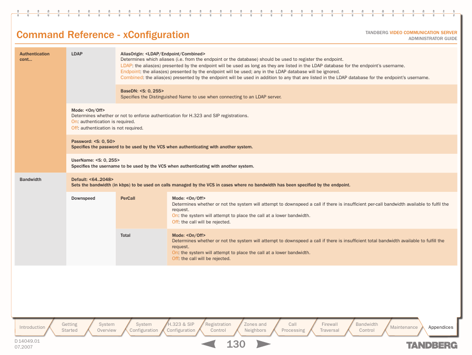 Xconfiguration authentication, Ldap, Xconfiguration bandwidth pipe | Xconfiguration bandwidth link, Text goes here, Command reference - xconfiguration | TANDBERG D14049.01 User Manual | Page 130 / 187