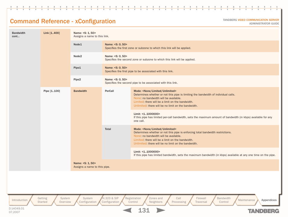 Text goes here, Command reference - xconfiguration | TANDBERG D14049.01 User Manual | Page 131 / 187