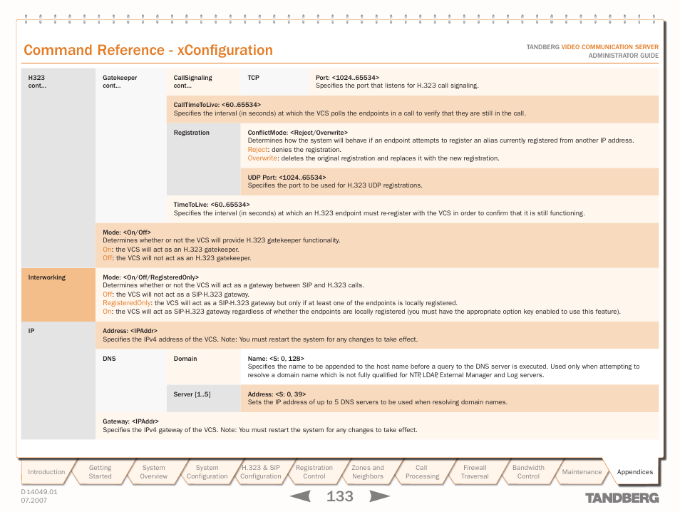 Xconfiguration ip, Xconfiguration ip dns, Xconfiguration interworking mode | Xconfiguration ip dns server, Text goes here, Command reference - xconfiguration | TANDBERG D14049.01 User Manual | Page 133 / 187