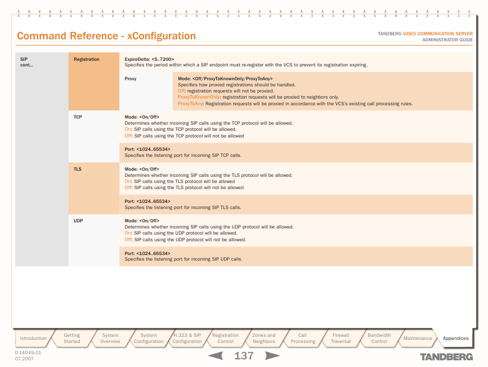 Text goes here, Command reference - xconfiguration | TANDBERG D14049.01 User Manual | Page 137 / 187