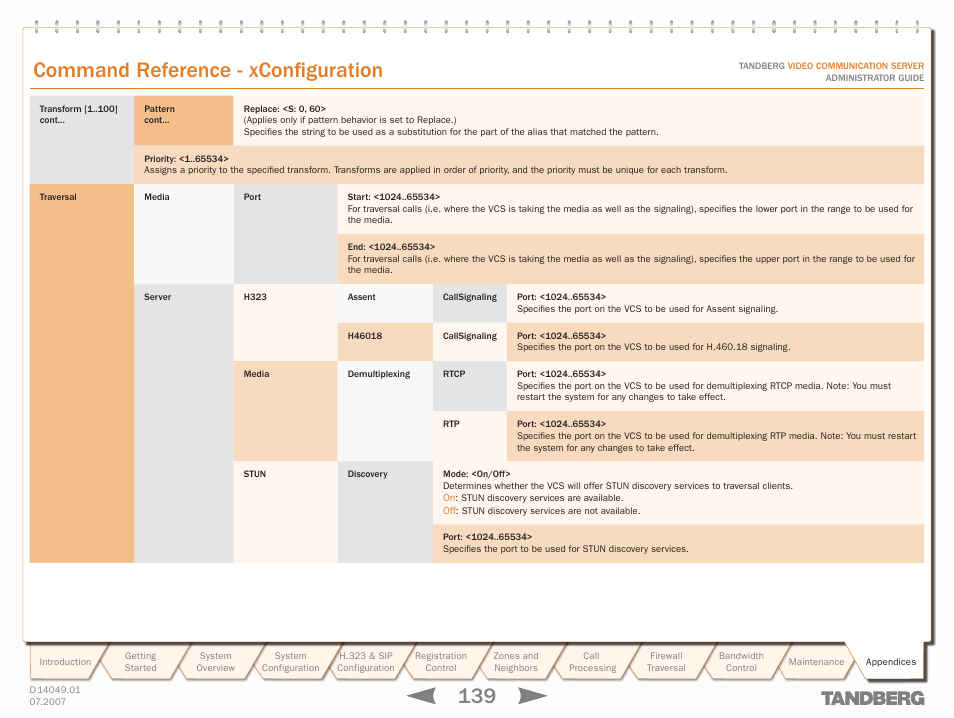 Xconfiguration traversal server stun, Xconfiguration traversal server, H.323 | Stun, Text goes here, Command reference - xconfiguration | TANDBERG D14049.01 User Manual | Page 139 / 187