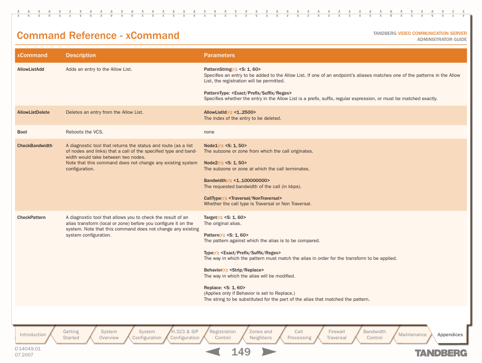 Command reference - xcommand, Xcommand allowlistadd, Xcommand boot | Text goes here | TANDBERG D14049.01 User Manual | Page 149 / 187