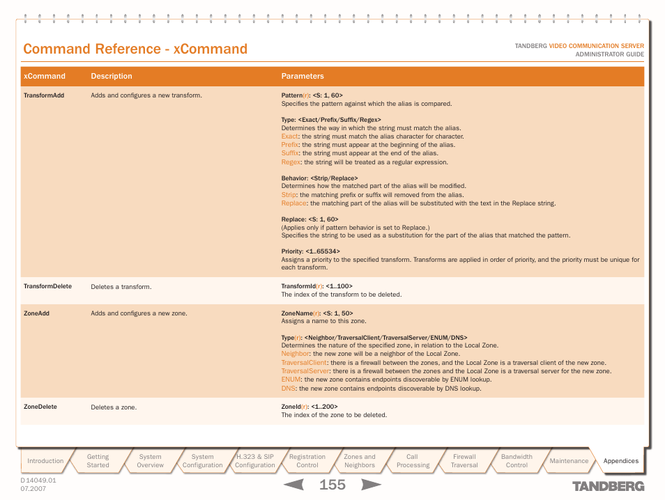 Xcommand zoneadd, Text goes here, Command reference - xcommand | TANDBERG D14049.01 User Manual | Page 155 / 187