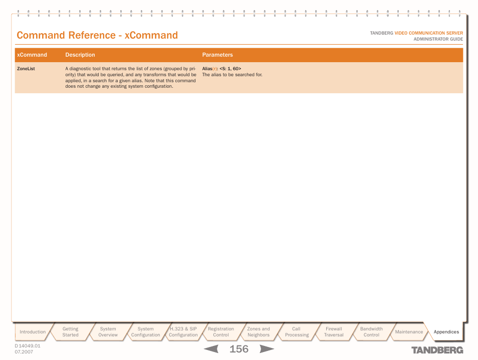 Text goes here, Command reference - xcommand | TANDBERG D14049.01 User Manual | Page 156 / 187