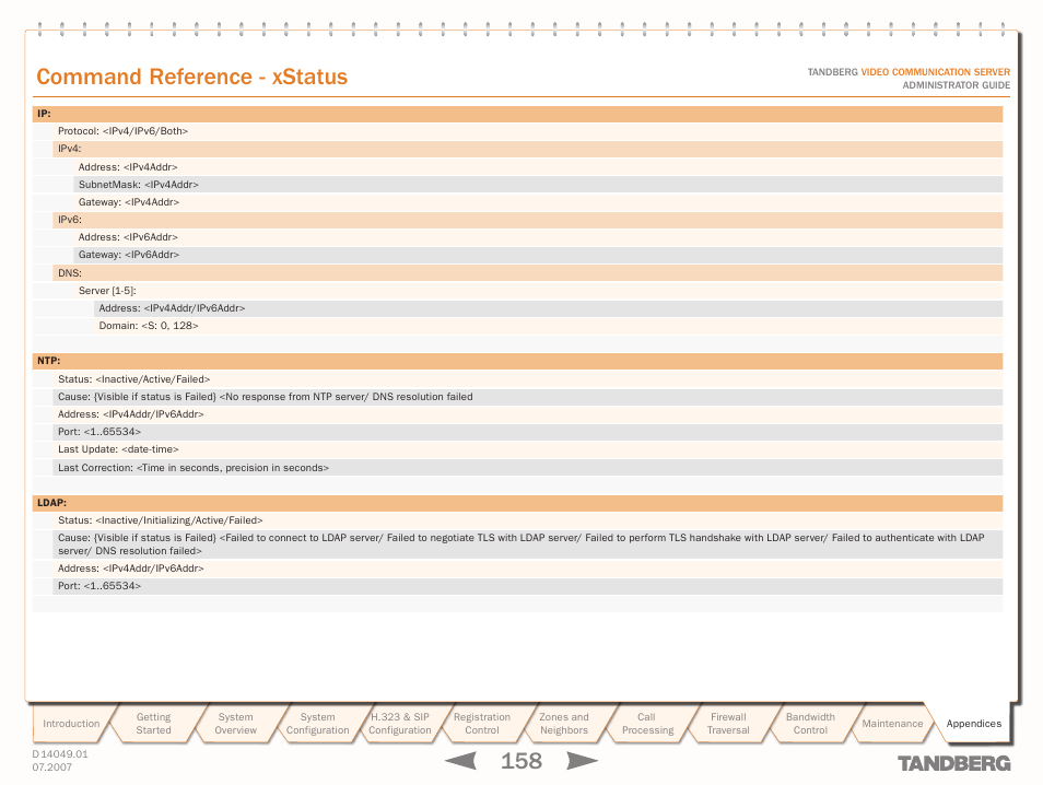 Text goes here, Command reference - xstatus | TANDBERG D14049.01 User Manual | Page 158 / 187