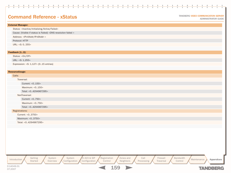 Text goes here, Command reference - xstatus | TANDBERG D14049.01 User Manual | Page 159 / 187