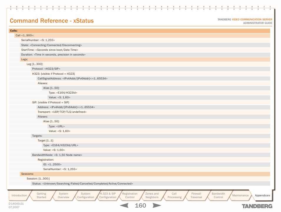Text goes here, Command reference - xstatus | TANDBERG D14049.01 User Manual | Page 160 / 187