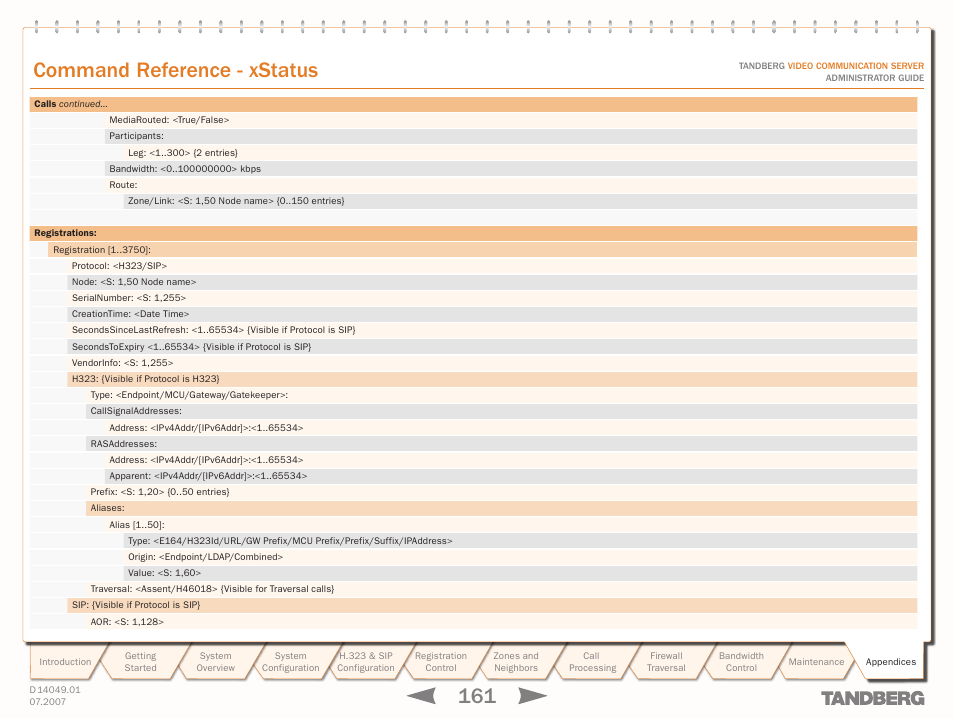 Text goes here, Command reference - xstatus | TANDBERG D14049.01 User Manual | Page 161 / 187