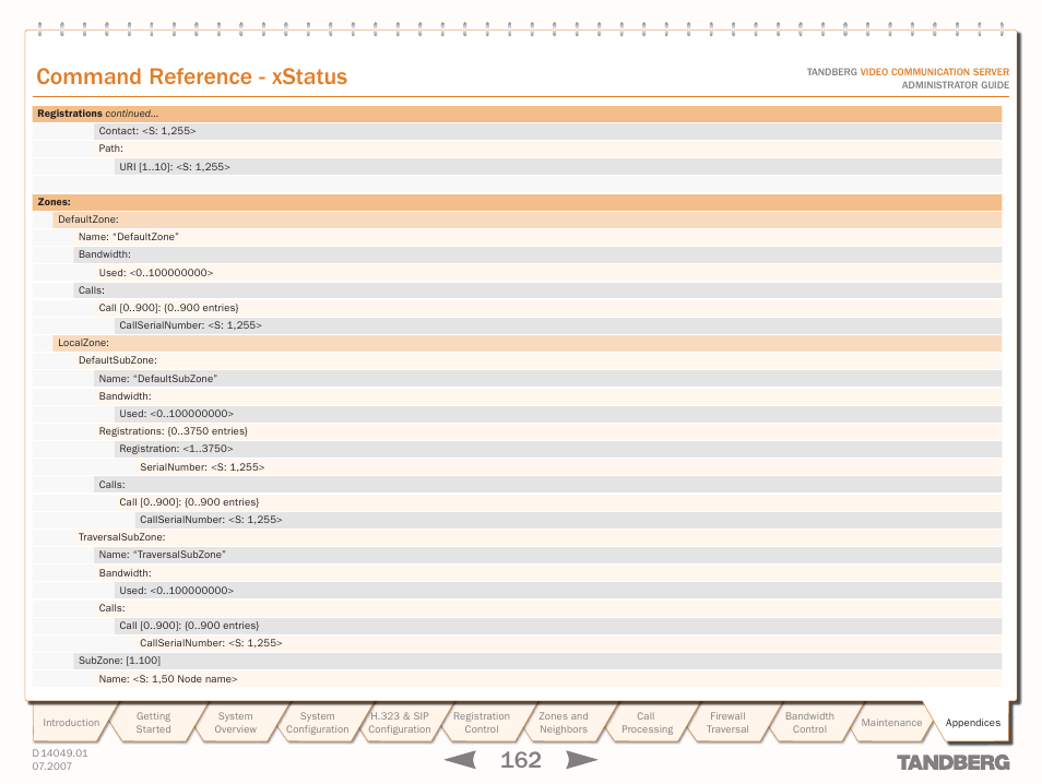 Text goes here, Command reference - xstatus | TANDBERG D14049.01 User Manual | Page 162 / 187