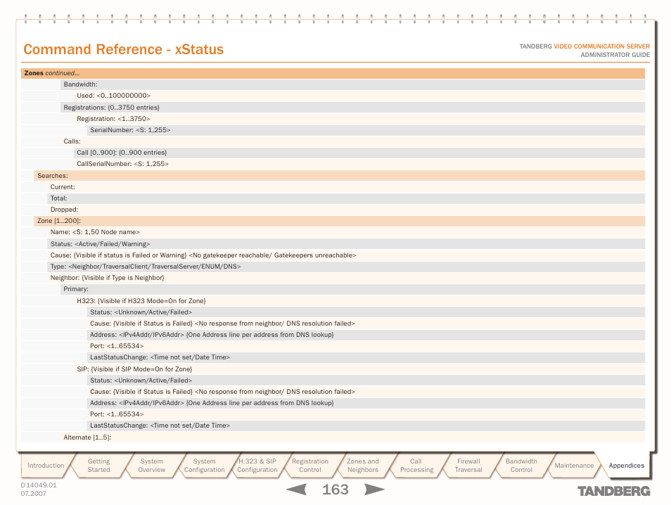 Text goes here, Command reference - xstatus | TANDBERG D14049.01 User Manual | Page 163 / 187