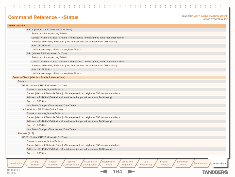 Text goes here, Command reference - xstatus | TANDBERG D14049.01 User Manual | Page 164 / 187