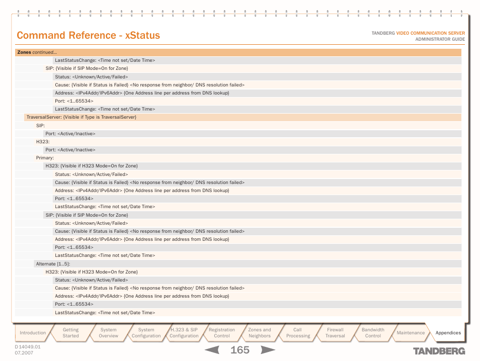 Text goes here, Command reference - xstatus | TANDBERG D14049.01 User Manual | Page 165 / 187