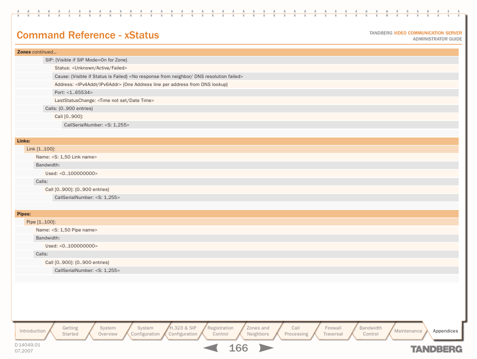 Text goes here, Command reference - xstatus | TANDBERG D14049.01 User Manual | Page 166 / 187