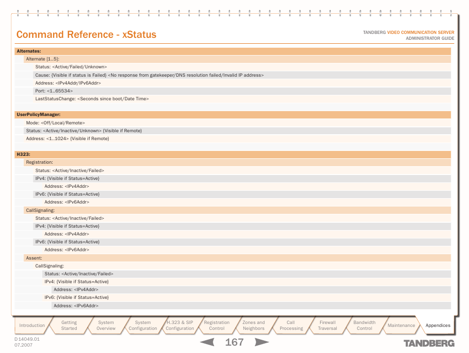 Text goes here, Command reference - xstatus | TANDBERG D14049.01 User Manual | Page 167 / 187