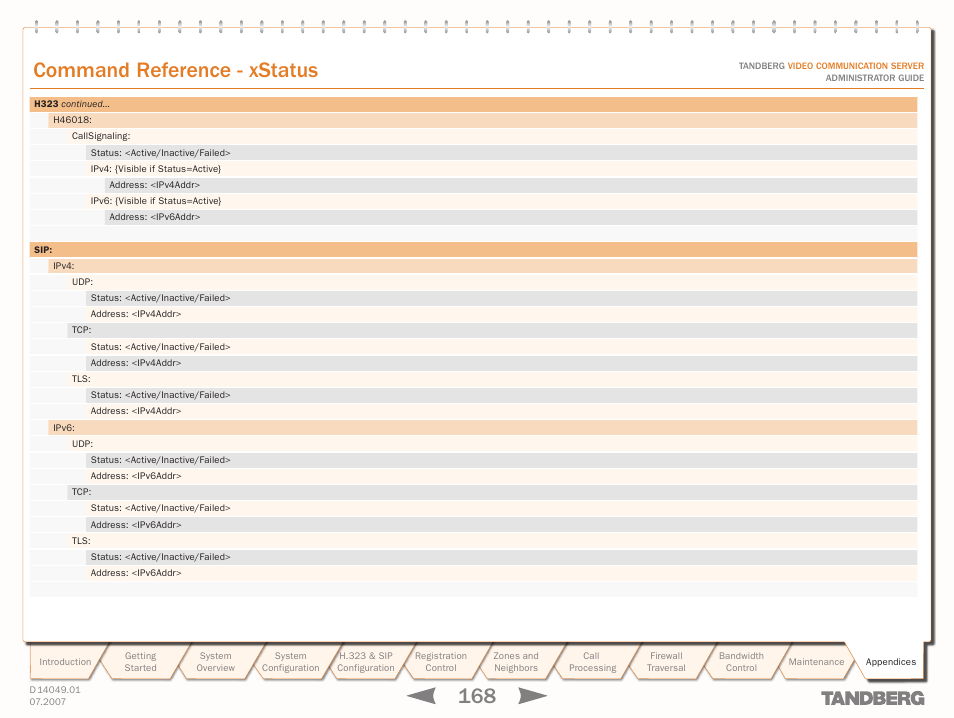 Text goes here, Command reference - xstatus | TANDBERG D14049.01 User Manual | Page 168 / 187